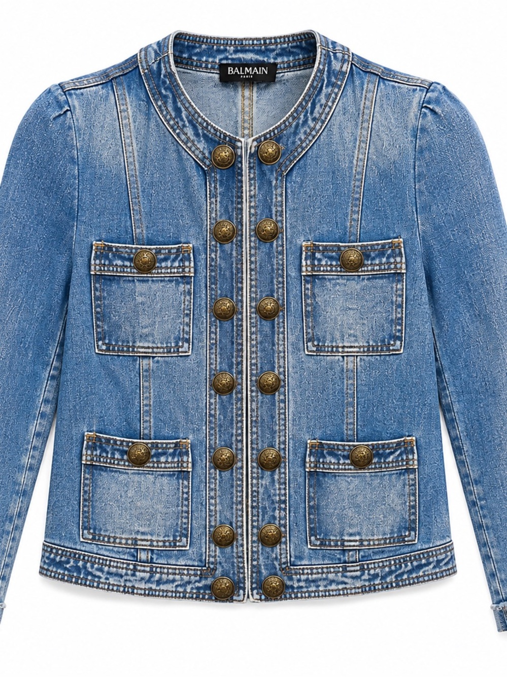 Balmain Light Blue Denim Military-Style Jacket with Brass Buttons